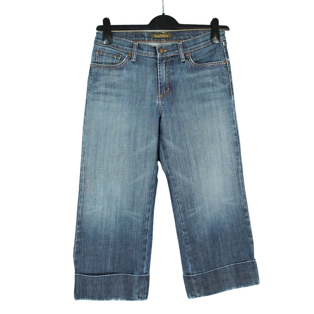 DAVID KAHN Blue Denim MID-RISE Flap Back Pocket CUFF CROPPED JEANS Wide Leg SZ 6